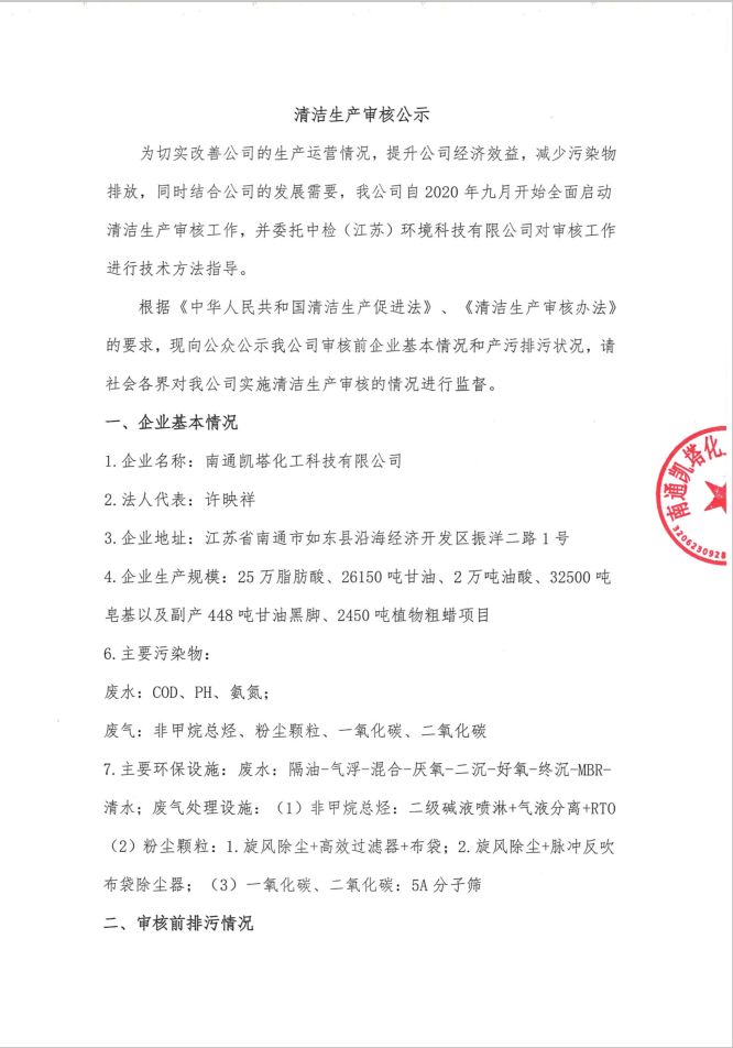南通凱塔化工科技有限公司 （清潔生産審核公示）